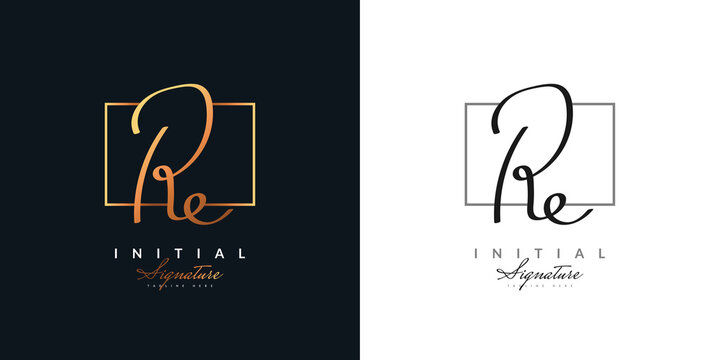 RE Elegant Initial Logo Design with Handwriting Style in Gold Gradient. RE Signature Logo or Symbol for Wedding, Fashion, Jewelry, Boutique, Botanical, Floral and Business Identity