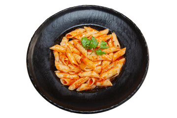 Penne pasta on a black plate