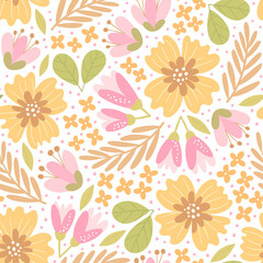 Fototapeta na wymiar Hand-drawn seamless pattern with flowers. Colorful floral illustration for paper and gift wrap. Fabric print modern design. Creative stylish background.