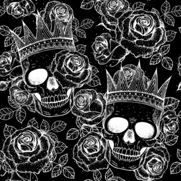 Skull of king hand drawn seamless pattern. Vector illustration. Vintage print. Crown, black roses and skull black and white illustration. Vector print. Crown on the head.
