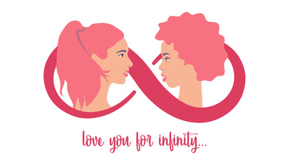 Same-sex love. Valentines day. Valentine card. Women in love. Same-sex couple. Love you for infinity