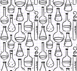 Back to school: Doodle style science laboratory beakers and test tubes illustration seamless pattern