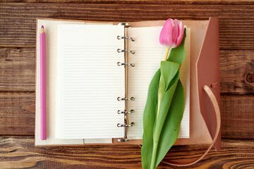 spring flat lay with tulip, pen and notebook on wood