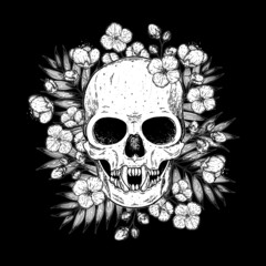 Skull and flowers hand drawn illustration. Tattoo vintage print. Floral skull.