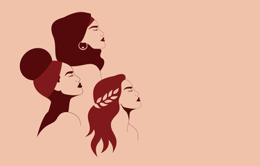 Three women stand together. Silhouettes of Strong and brave girls look forward. Sisterhood and females friendship. Vector illustration for International Women's Day. Space for text on the right side