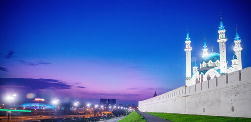 Panorama Night sky Mosque Kul Sharif islam and Kremlin Kazan. Concept Travel Beautiful Russia