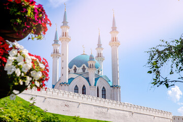 Concept Russia summer Travel. Kul Sharif Mosque islam with sun lught and Kremlin Kazan Republic of...