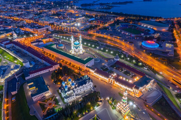 Panoramic aerial top view of Kazan Kremlin Kul Sharif mosque islam republic sunset, Tatarstan Russia