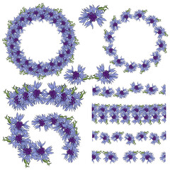 A set of frames, wreaths, dividers and borders of blue cornflowers for decoration and creativity