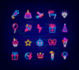 Birthday neon signs collection. Cake and festive garland. Outer glowing effect banner. Vector stock illustration © Anastasia Gapeeva