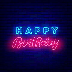 Happy Birthday neon lettering. Shiny greeting card with calligraphy text. Light effect banner. Vector stock illustration