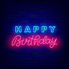 Obraz premium Happy Birthday neon lettering. Shiny greeting card with calligraphy text. Light effect banner. Vector stock illustration