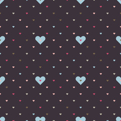 Colourful little heart confetti on dark violet background seamless vector pattern. Perfect for printing on fabric, wrapping and gift paper, Valentine and wedding postcards.
