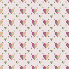 Seamless geometric vector pattern with hearts, repeating texture in spring colours. Perfect for printing on fabric, wrapping and gift paper, Valentine and wedding postcards.