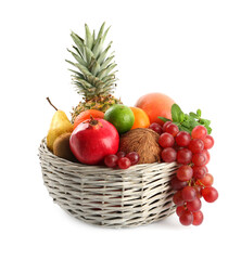 Wicker basket with different ripe fruits on white background