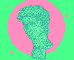 3D illustration of a low poly bust sculpture of a human head. Futuristic trendy print for t-shirt, cover or poster.