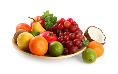 Wooden plate and different ripe fruits on white background