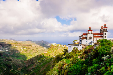 View of the Moya ravine, on the island of Gran Canaria, panoramic view of the leafy valley.
