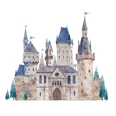 Watercolor fairytale castle. Medieval building isolated on white background. Fantasy illustration