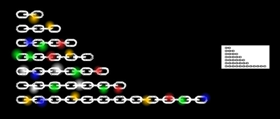 Glowing net mesh chains with colorful glowing spots. Illuminated vector frame created from chains icon. Sparkle frame mesh chains, on a black backgound.