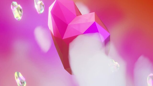 Close Up loop rotating crystal loop heart and many small flying hearts. Greeting card for Valentine's Day, wedding and cute movie. Dimensional Delights. 3D animation footage. 4k