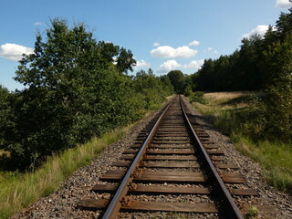 Fototapeta premium Railway tracks between green trees, Borkowo, Pomorskie province, Poland