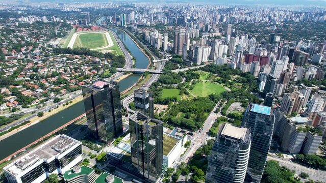 Downtown Sao Paulo Brazil. Cityscape of famous Pinheiros highway road. Enterprise buildings offices at downtown district. Business travel. Financial centre.
