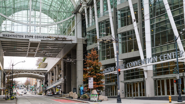 Seattle - January 22, 2022; Washington State Convention Center on Pike Street in Seattle with elevated space and glass arched roof