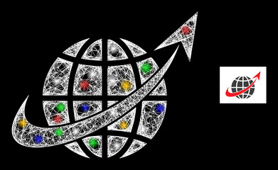 Obraz premium Bright net mesh space orbit with vibrant light spots. Illuminated vector mesh created from space orbit symbol. Sparkle constellation mesh space orbit, on a black backgound.