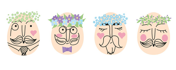 Vector set of Easter eggs with cute faces of men and women in floral wreaths. Vector illustration for postcards, posters, decor, tableware and stationery.