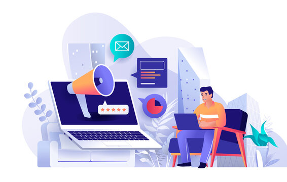 Outbound marketing concept in flat design. Business product promotion scene template. Man works on laptop, attracts new customers, makes ad mailing. Illustration of people characters activities
