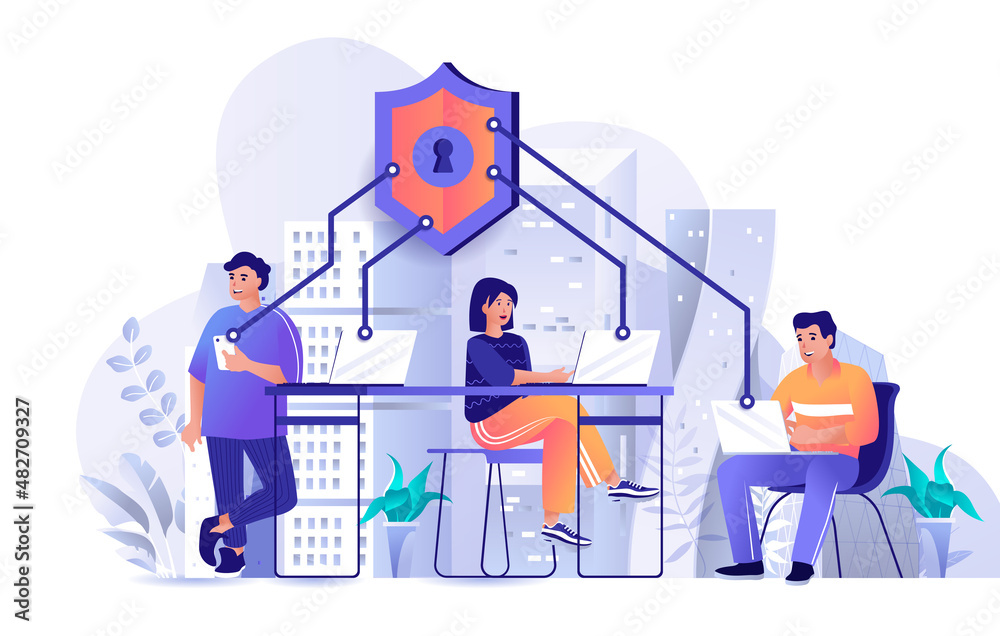 Poster network security concept in flat design. personal data protection across devices scene template. men