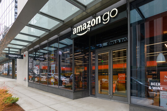 Seattle - January 23, 2022; Amazon Go location on 5th Avenue in downtown Seattle.  A notice states that the store sells beer and wine