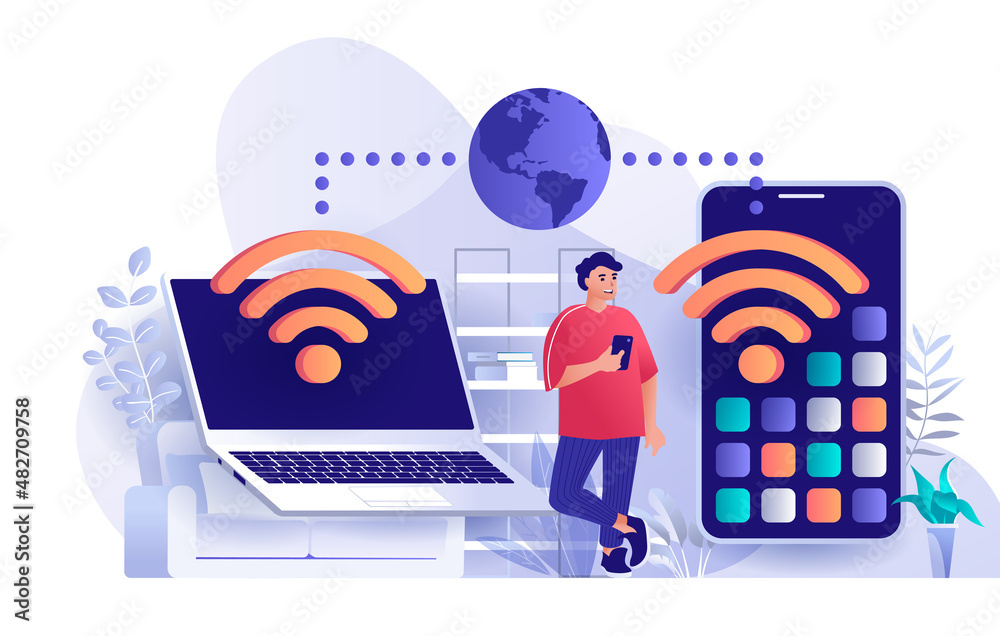 Poster wireless technology concept in flat design. wifi communication of gadgets scene template. man uses s