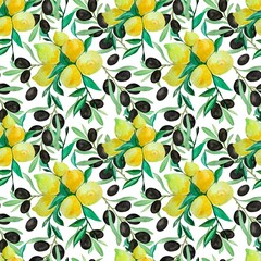 Seamless pattern with lemons, black olives and leaves