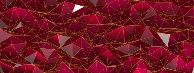 3d render, abstract red ruby crystal shaped wax plastic background, macro panorama, wide panoramic polygonal wallpaper