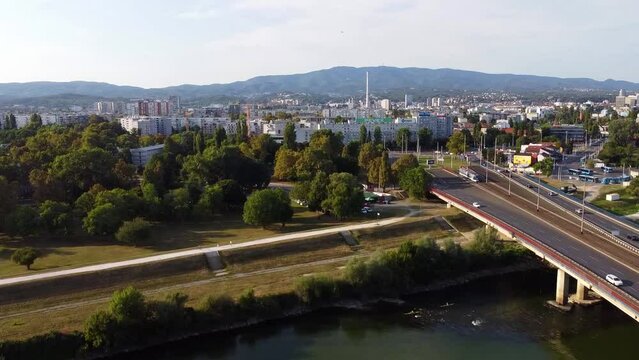 View of the bridges over the Sava river. Adriatic bridge (Jadranski most) then Savski most and The Hendrix Bridge. Сity panorama of Zagreb. Drone Video. Croatia. Europe