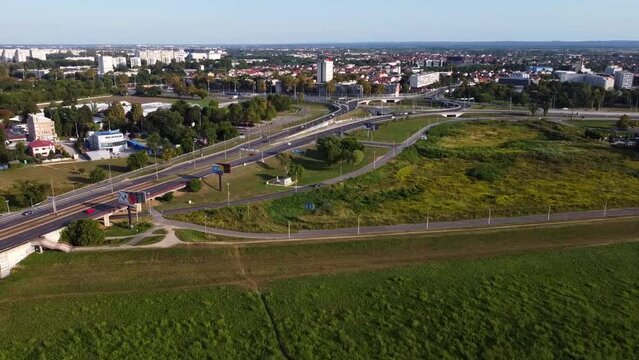 View of the bridges over the Sava river. Adriatic bridge (Jadranski most) then Savski most and The Hendrix Bridge. Сity panorama of Zagreb. Drone Video. Croatia. Europe