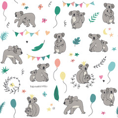 Koala animal birthday celebration vector seamless pattern