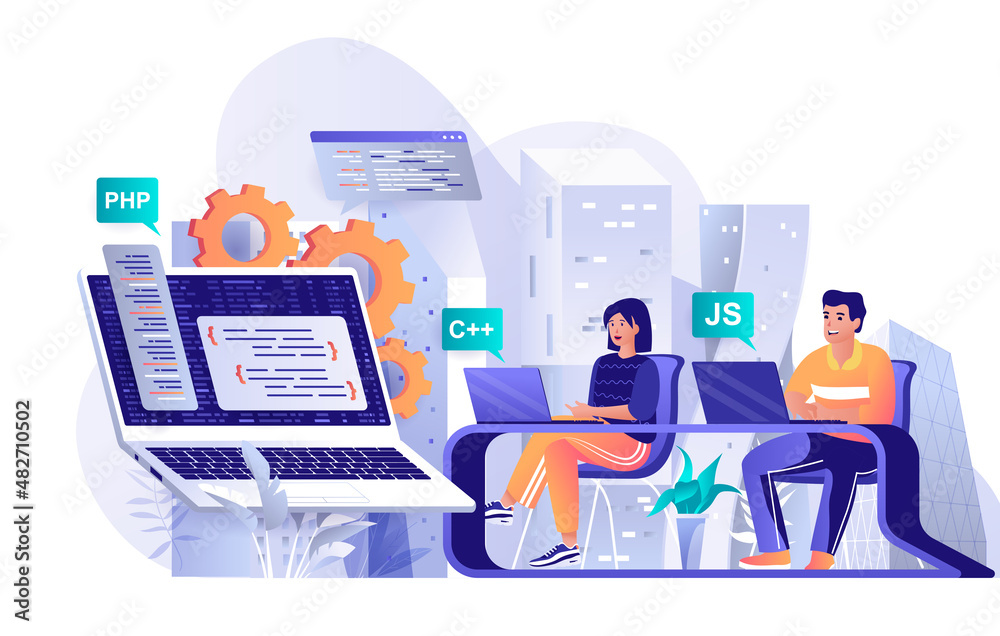 Fototapete Programming software concept in flat design. Developers working on project scene template. Programmers working on laptops, coding code, developing. Illustration of people characters activities