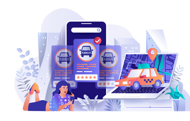 Taxi booking concept in flat design. Woman orders car using mobile application scene template. Passenger transportation at city, map location. Illustration of people characters activities