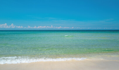 Fototapeta na wymiar Wave of the sea on the sand beach. Daylight landscape viewpoint for design postcard.