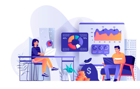 Business statistic concept in flat design. Business analytics scene template. Analysts analyzes data charts, profit growth, development strategy. Illustration of people characters activities