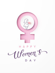 Women's Day greeting card or banner with pink 3D papercut female symbol and drawing girl. Vector 8 March international holiday poster template