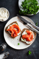 Smoked salmon and cream cheese rye bread toast, top view. Healthy appetizer or snack