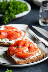 Salted salmon and cream cheese sandwich closeup view