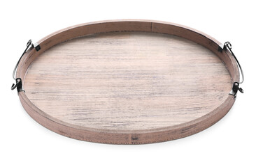 One empty wooden tray isolated on white