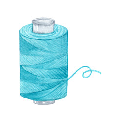 Watercolor blue sew string tool isolated on white. Sewing accessory