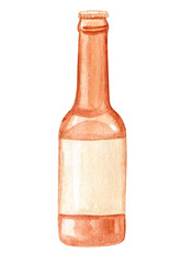 Watercolor beer brown bottle isolated on white