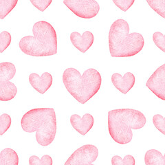 watercolor pink hearts seamless pattern on white